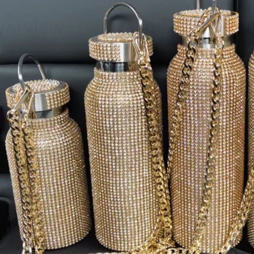 Gold Rhinestone Stainless Steel Insulated Water Bottle & Gold Detachable Chain